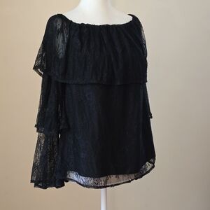 NWT Lucky Brand Women's Small Black Lace Ruffle Sleeve Blouse